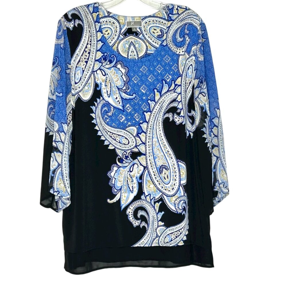 JM Collection Women's Black Blue White Long Sleeve XL Blouse